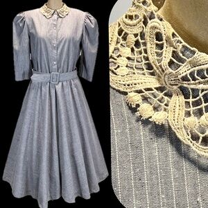VINTAGE 80s charcoal gray pinstripe midi dress fit flare long sleeve lace collar